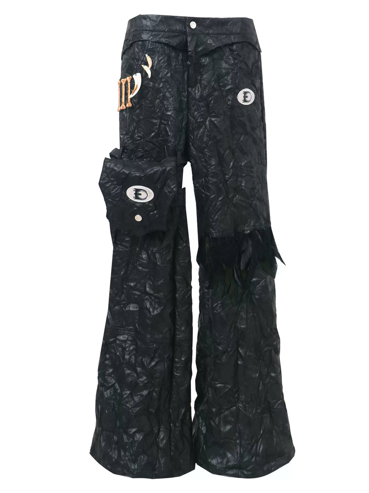EMBRYO FEATHER LEG detachable-pouch flare pants — construction detail