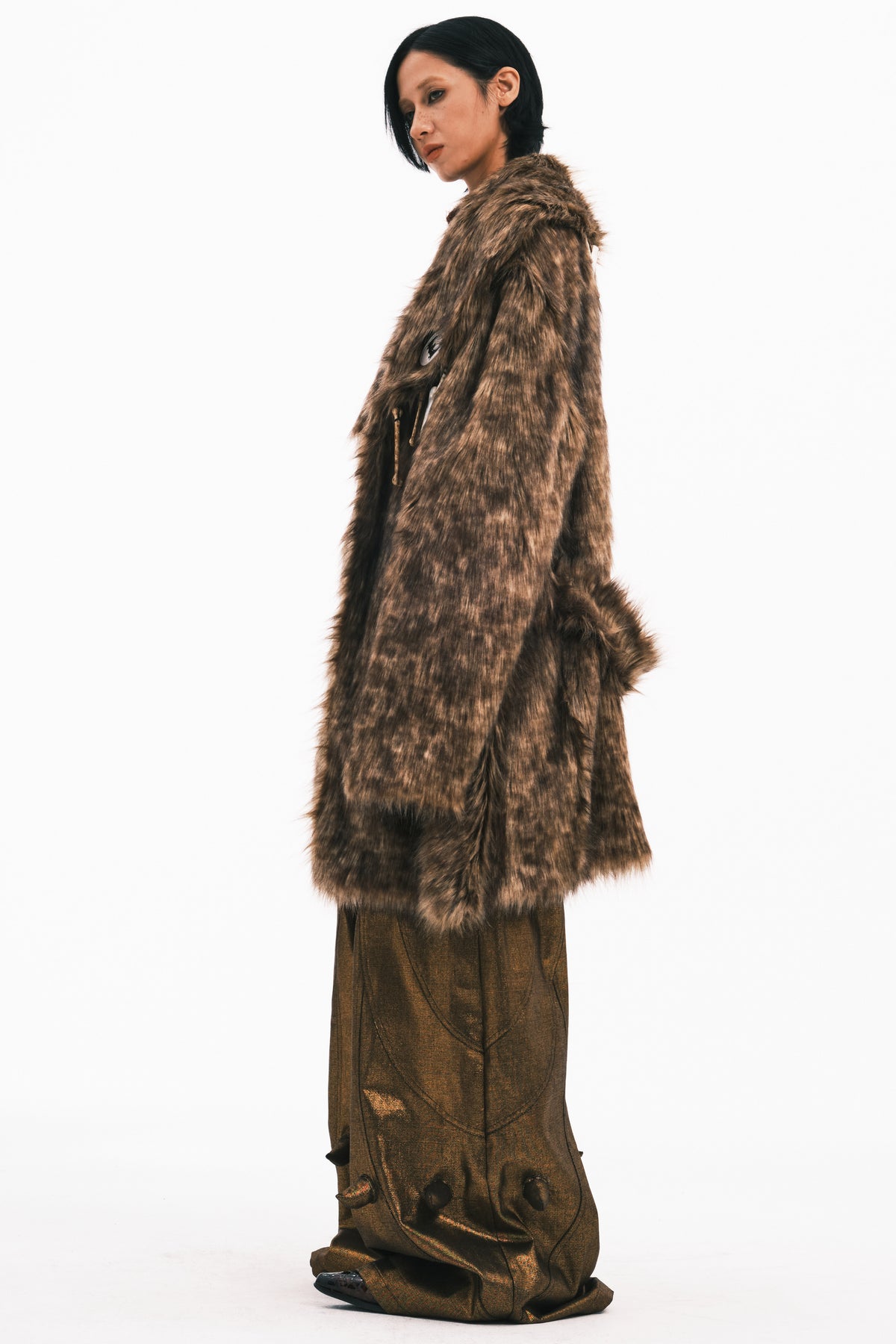 EMBRYO PRIMAL BONE mid-length faux-fur coat — rear modeled view