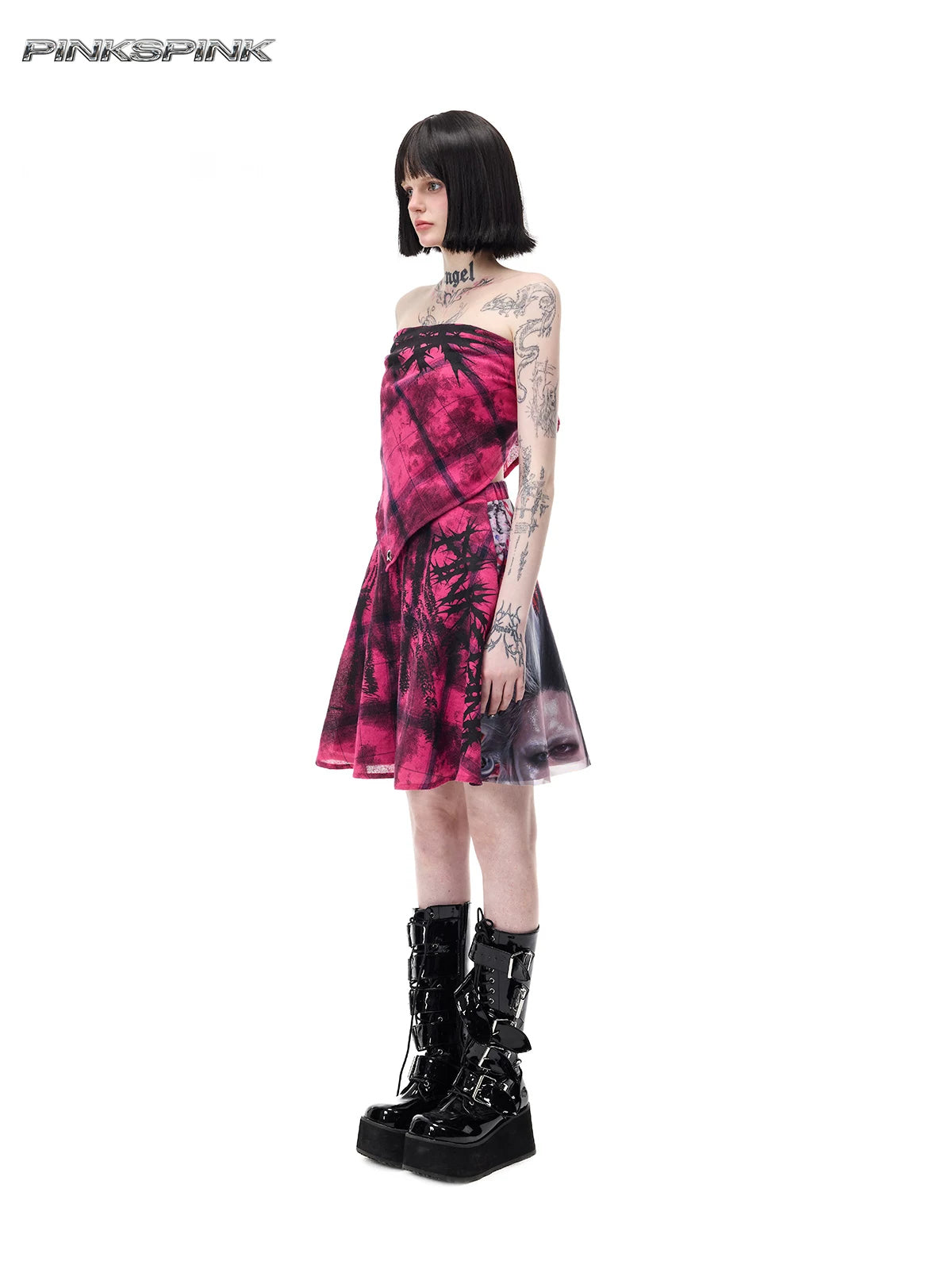 PINKSPINK THORN bandana bandeau top in pink and black — angled full-length bandeau view with a separate skirt