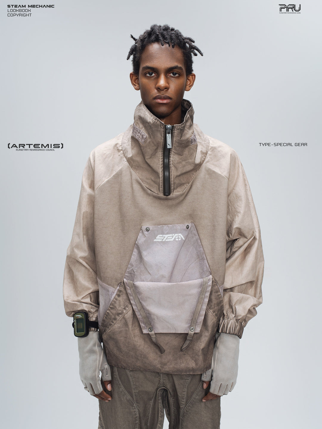 PIONEER venus orange detachable-pocket utility hoodie — front modeled product view