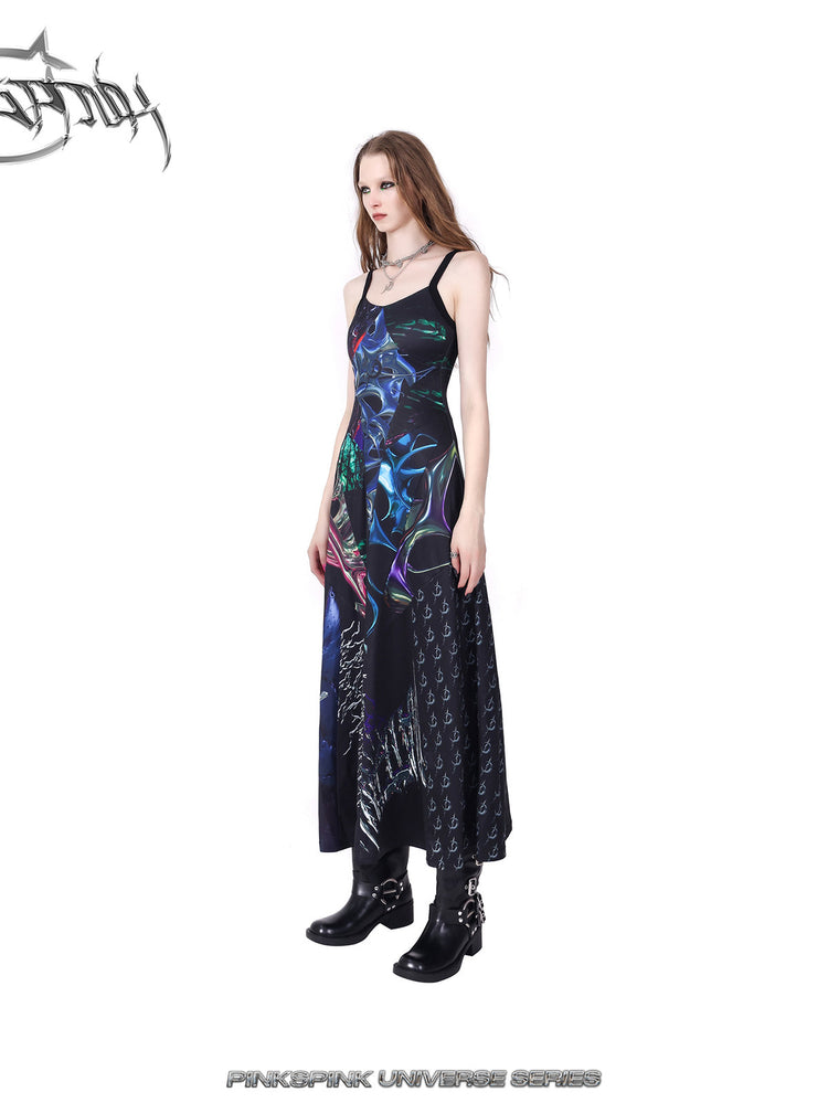 PINKSPINK ELECTRIC MOON layered alloy necklace in silver — side outfit view with a printed slip dress