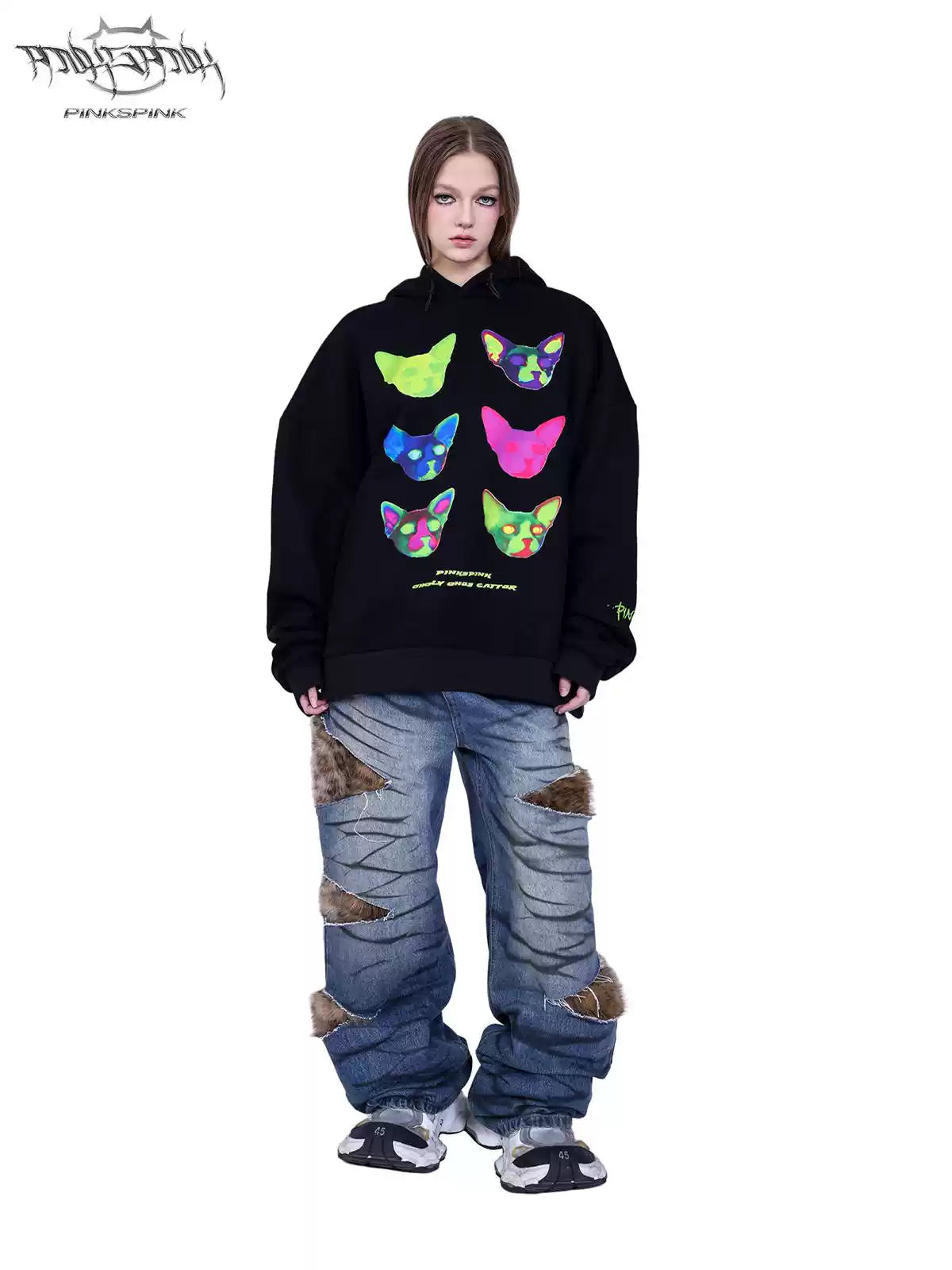 PINKSPINK SPHYNX electronic-print cat-ear hoodie — modeled front styling view