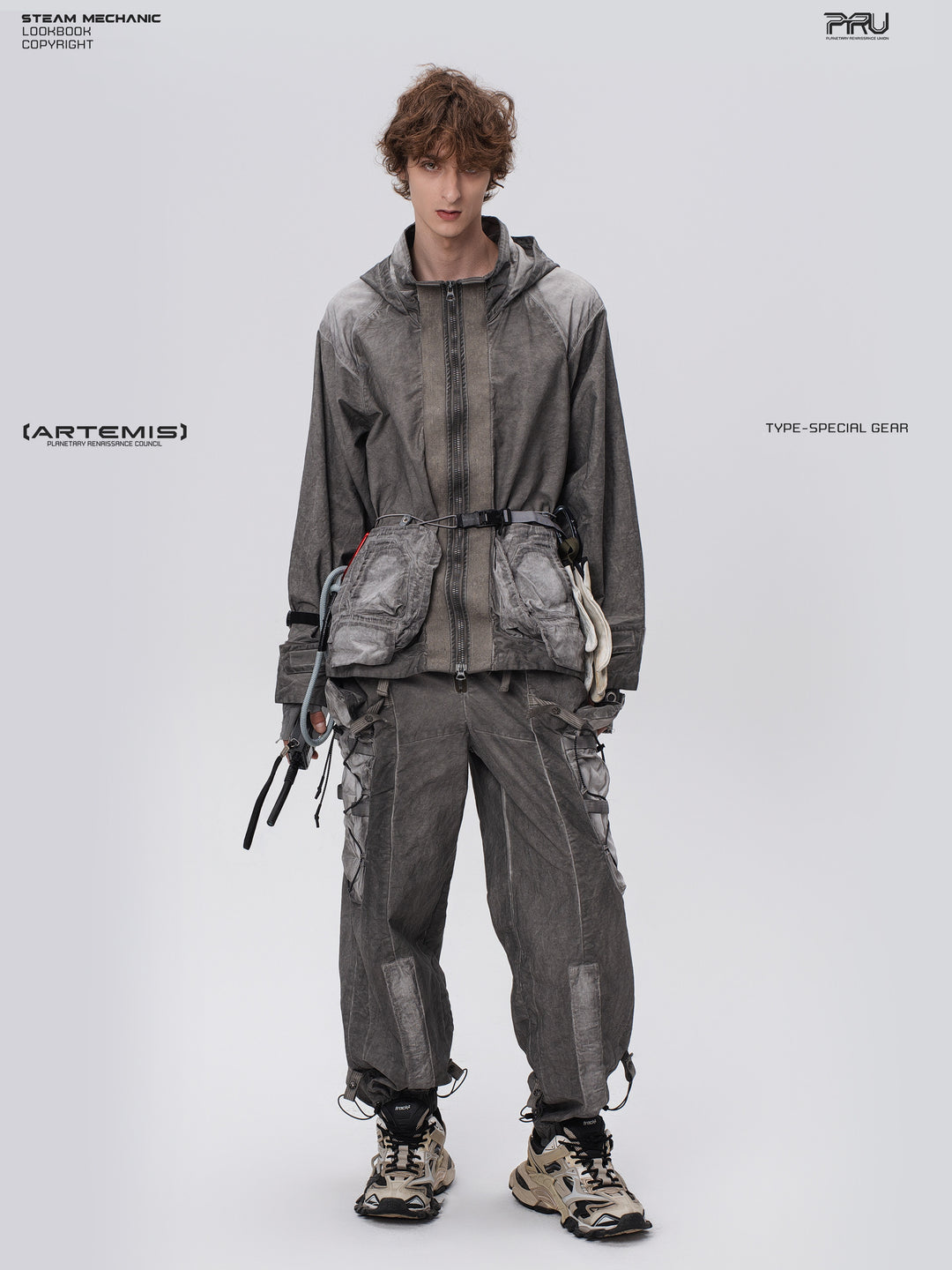 STARCORE meteor gray distressed work jacket — full-length front view in a leaning stance