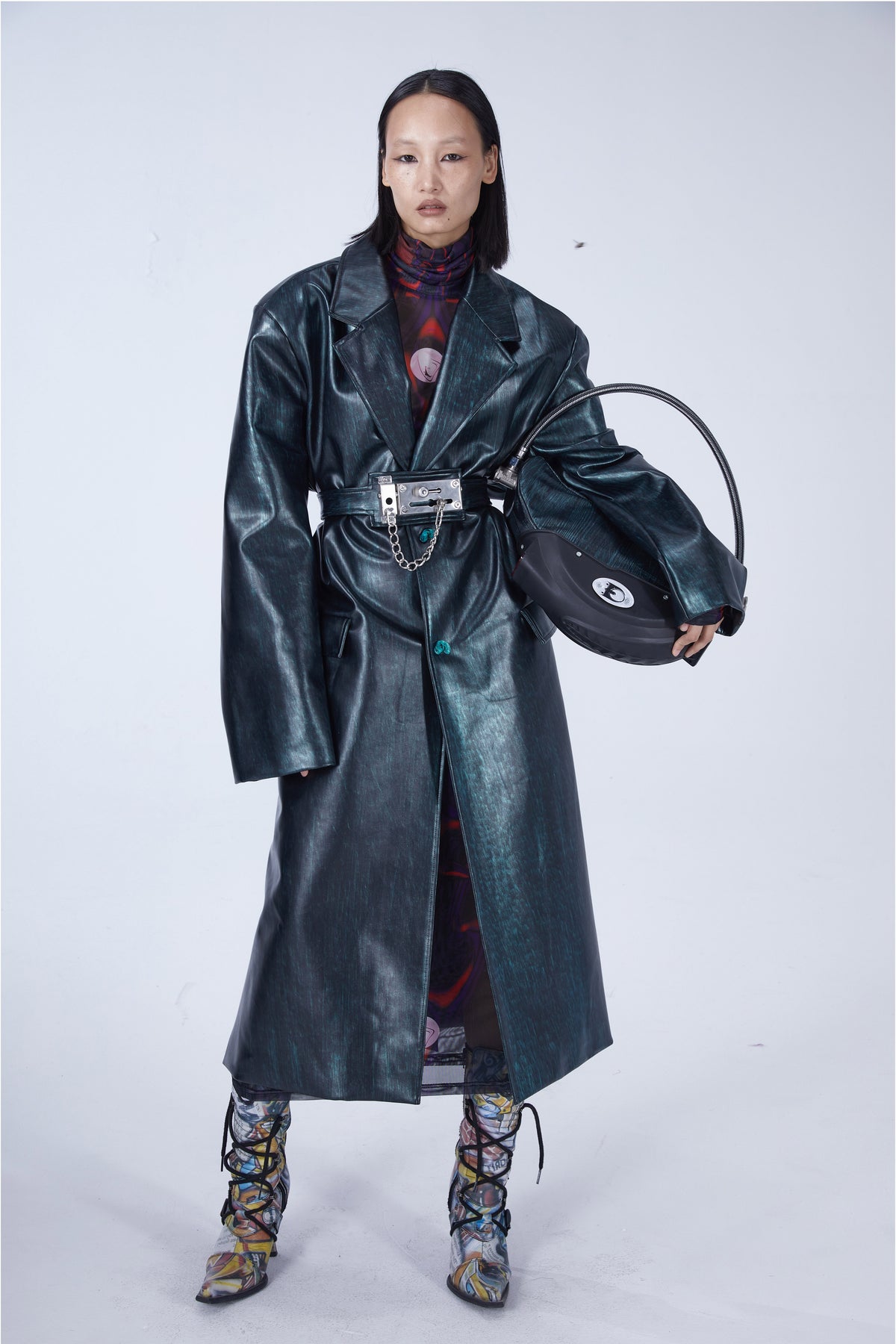 EMBRYO MATRIX buckle PU leather trench coat — full-length modeled styling view