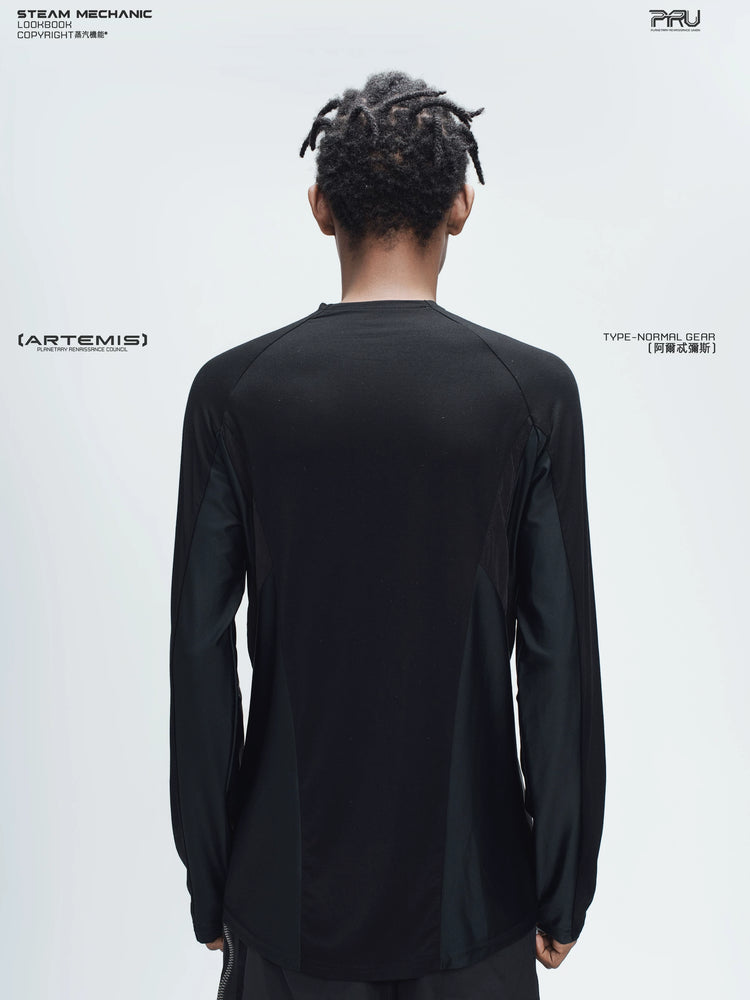 ARTEMIS stardust black stretch technical base-layer top — rear modeled view