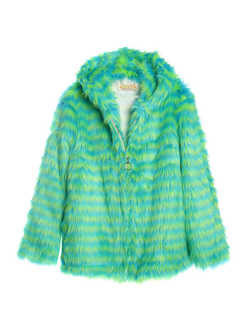 DEADENDKIDS RAVE STRIPE faux-fur hooded jacket — alternate modeled angle