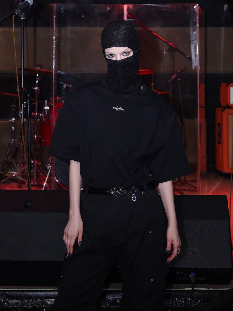 PINKSPINK METAL LOGO padded-shoulder oversized tee — cleaned hero collage showing the complete design