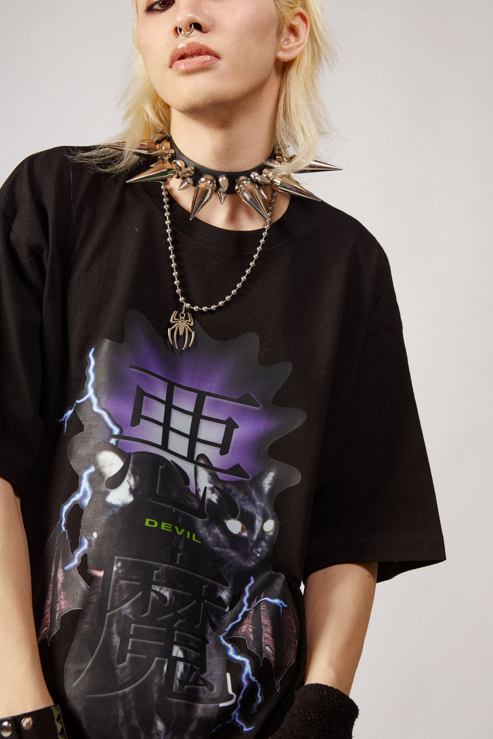DEADENDKIDS ANGEL DEVIL oversized graphic tee — full-length modeled view