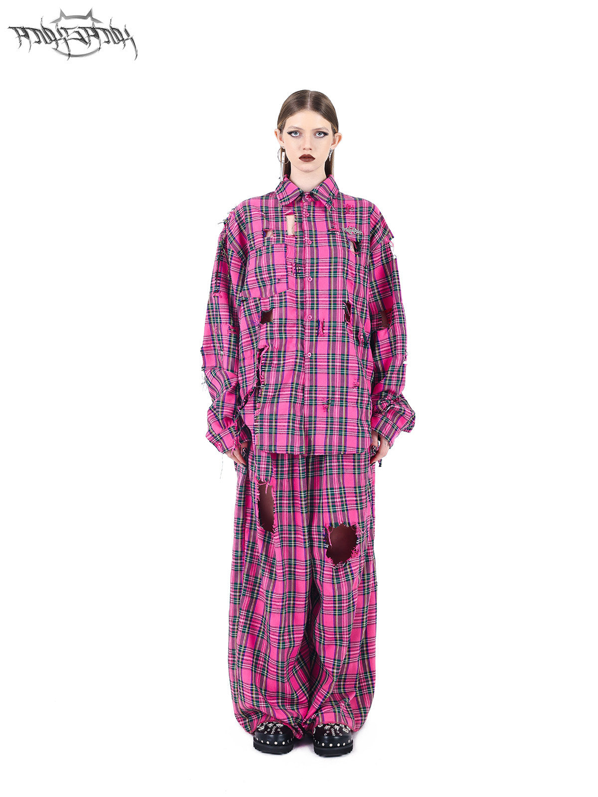 PINKSPINK PINK RIOT distressed plaid wide-leg pants — pink plaid full-length front view with coordinating shirt