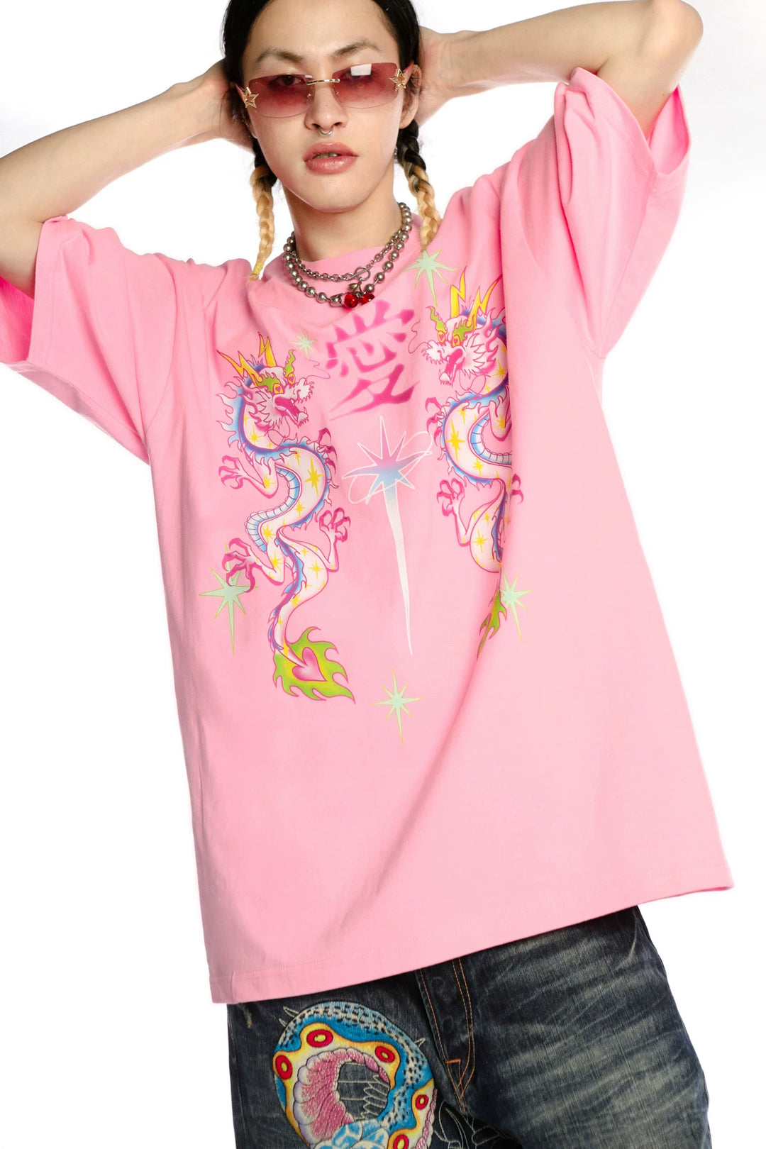 DEADENDKIDS DRAGON LOVE oversized graphic tee — construction detail