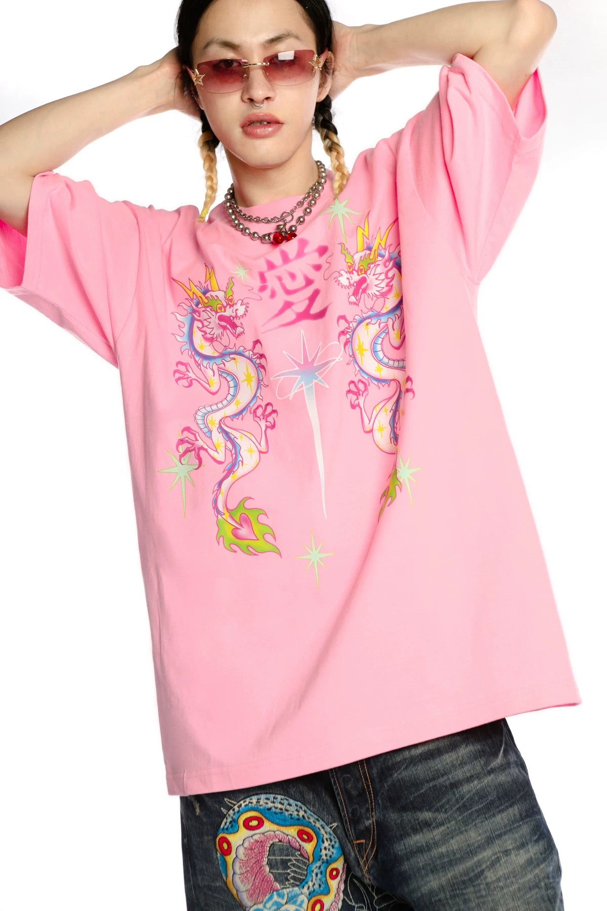 DEADENDKIDS DRAGON LOVE oversized graphic tee — construction detail