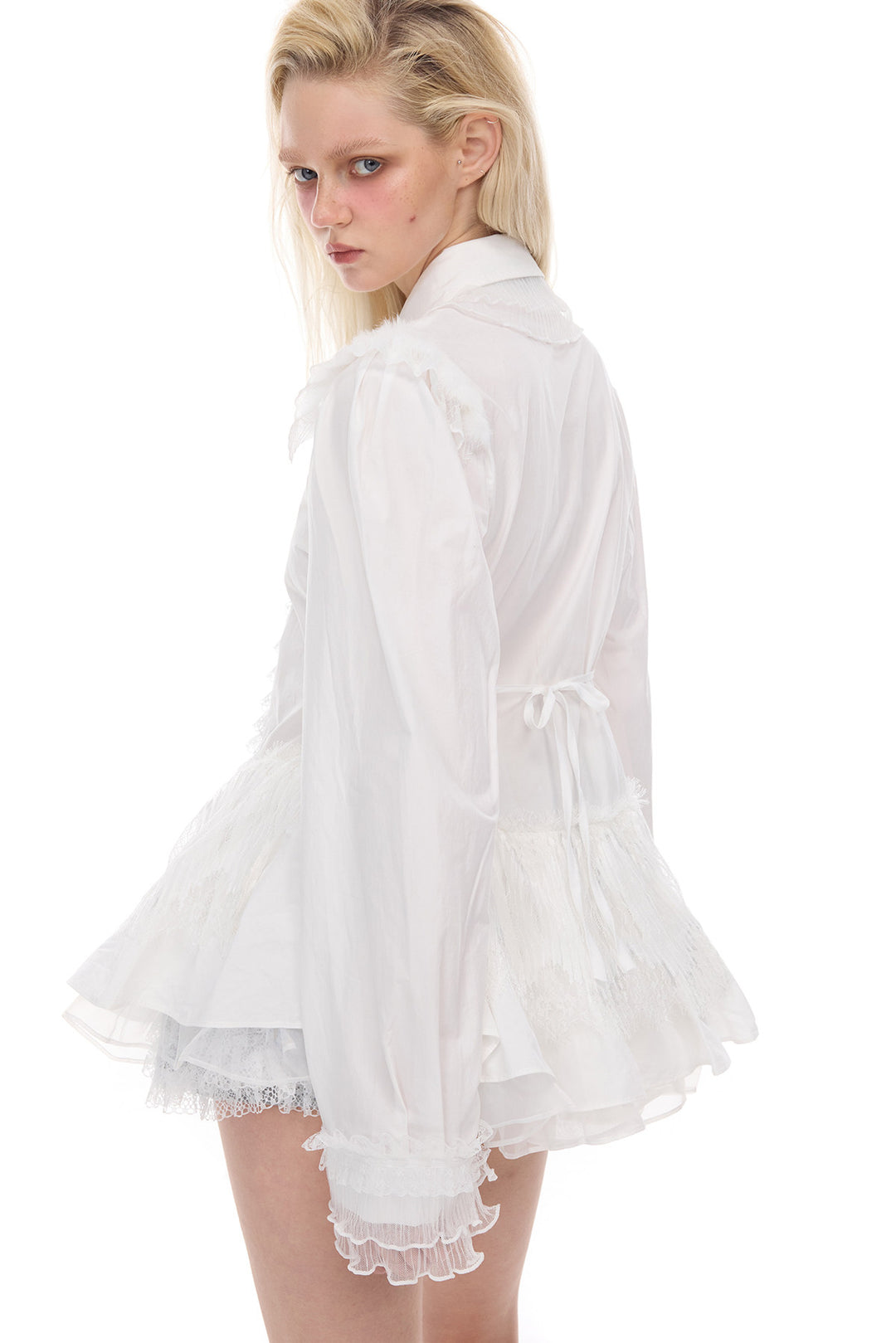 PINKSPINK ELECTRIC MOON lace puff-hem shirt — alternate modeled view showing the silhouette
