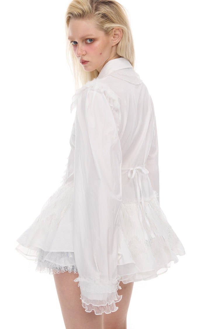 PINKSPINK ELECTRIC MOON lace puff-hem shirt — alternate modeled view showing the silhouette