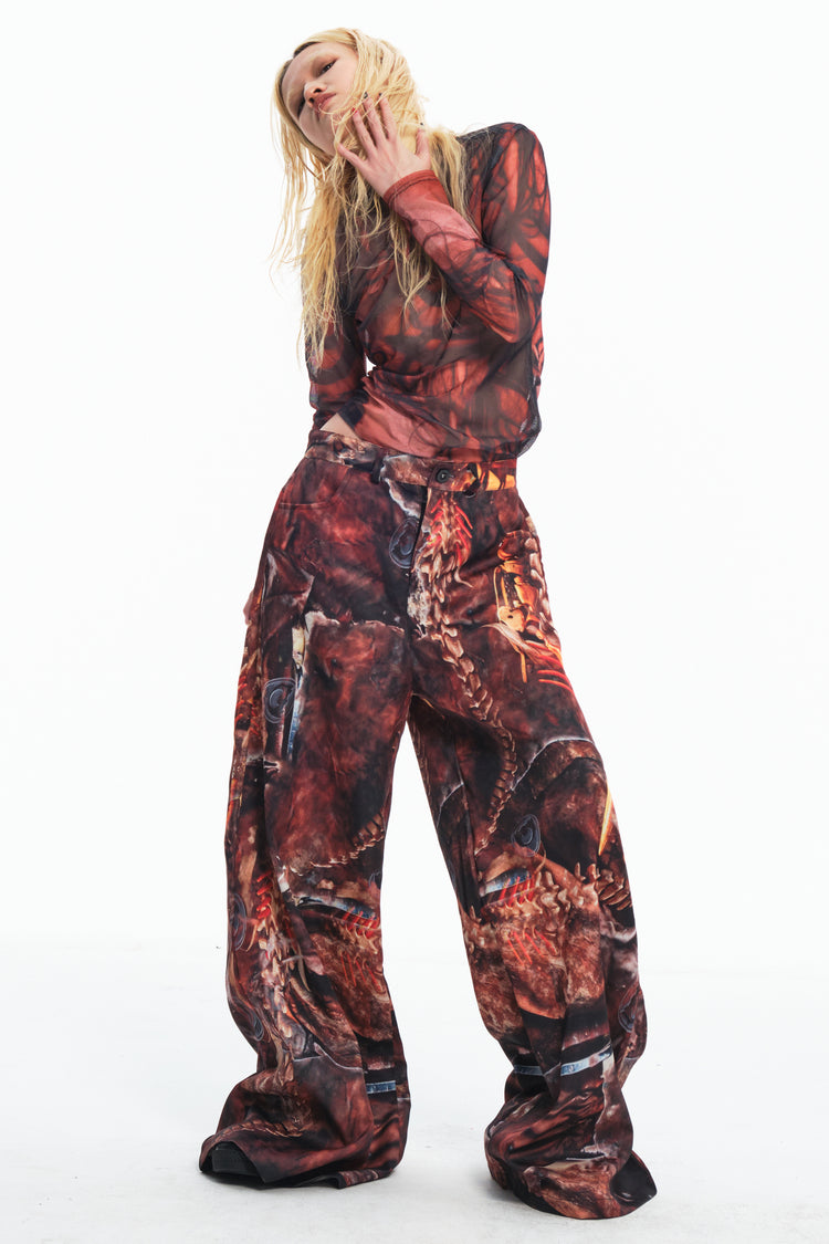 EMBRYO BONE RELIC printed wide-leg pants — close modeled view