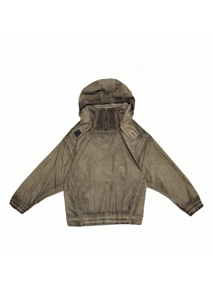 PIONEER detachable-hood mesh hoodie in mercury brown — front garment-only view showing the detachable hood and geometric panels