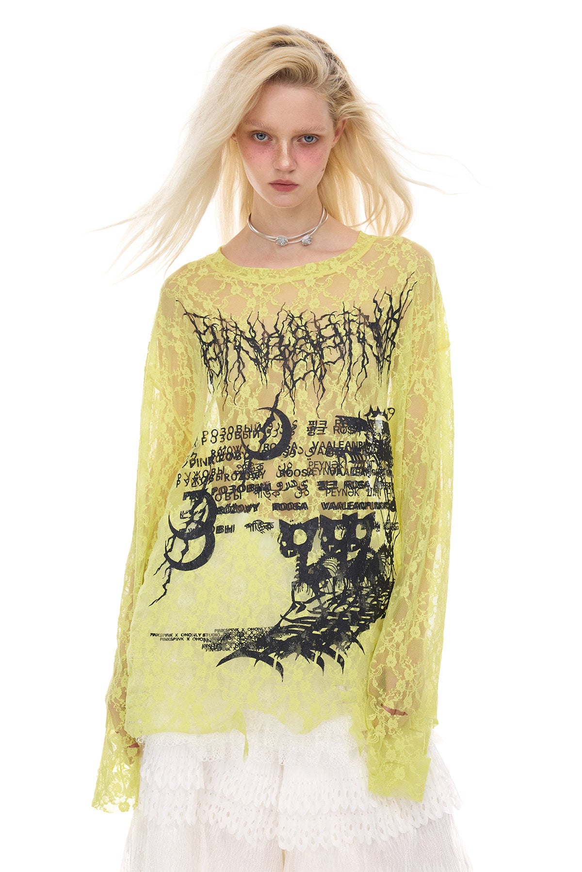 PINKSPINK ELECTRIC MOON thorn-cat distressed lace layering tee — alternate modeled view showing the silhouette