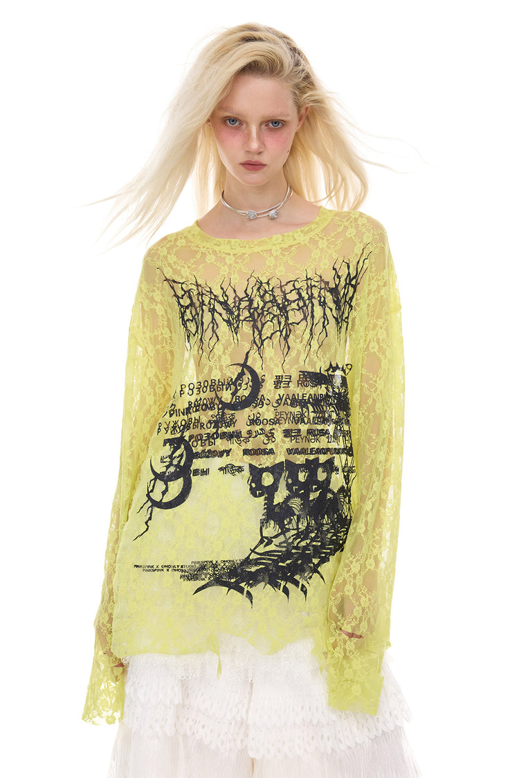 PINKSPINK ELECTRIC MOON thorn-cat distressed lace layering tee — alternate modeled view showing the silhouette