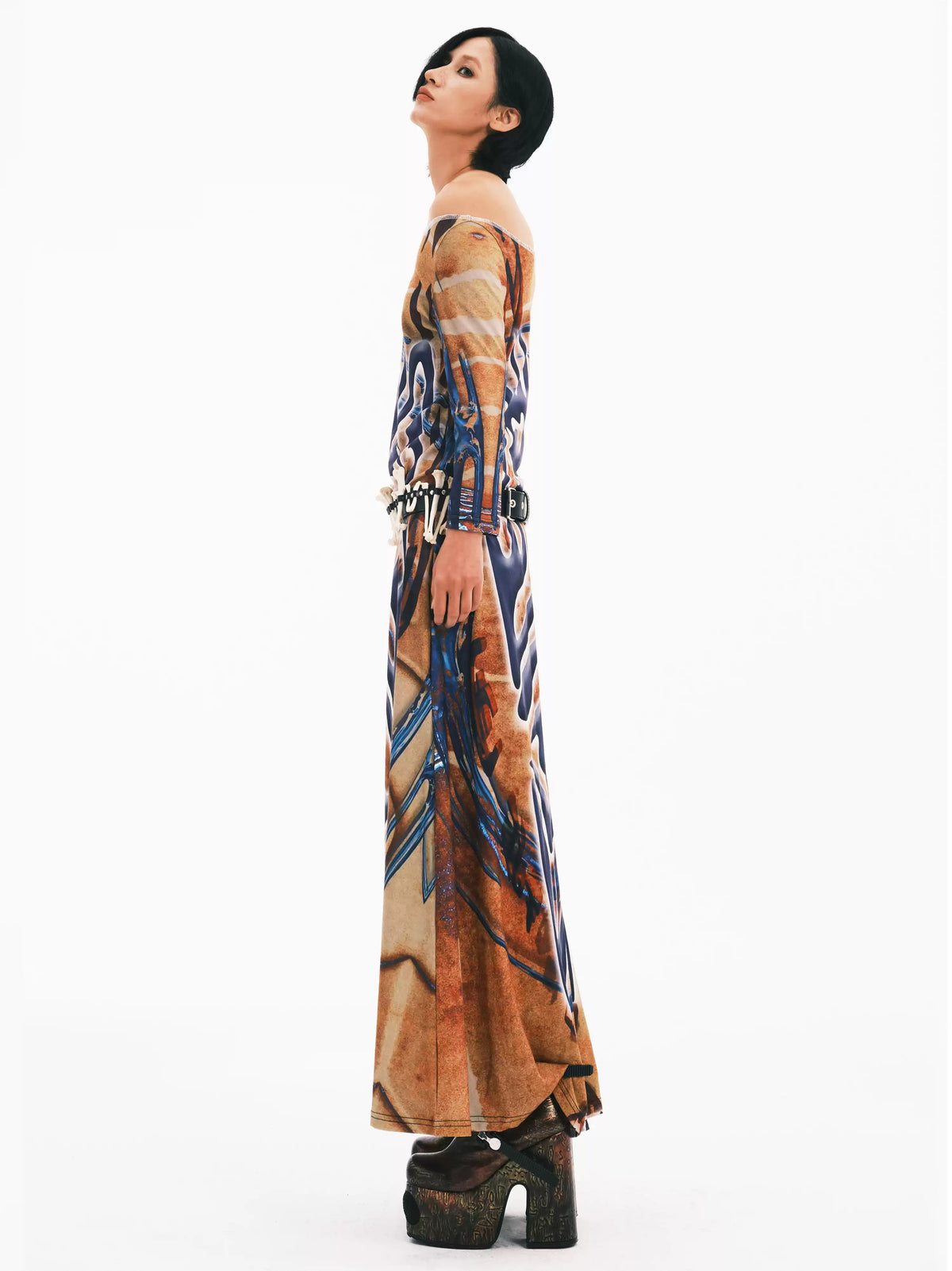 EMBRYO TRIBAL ENTITY off-shoulder maxi dress — side modeled view