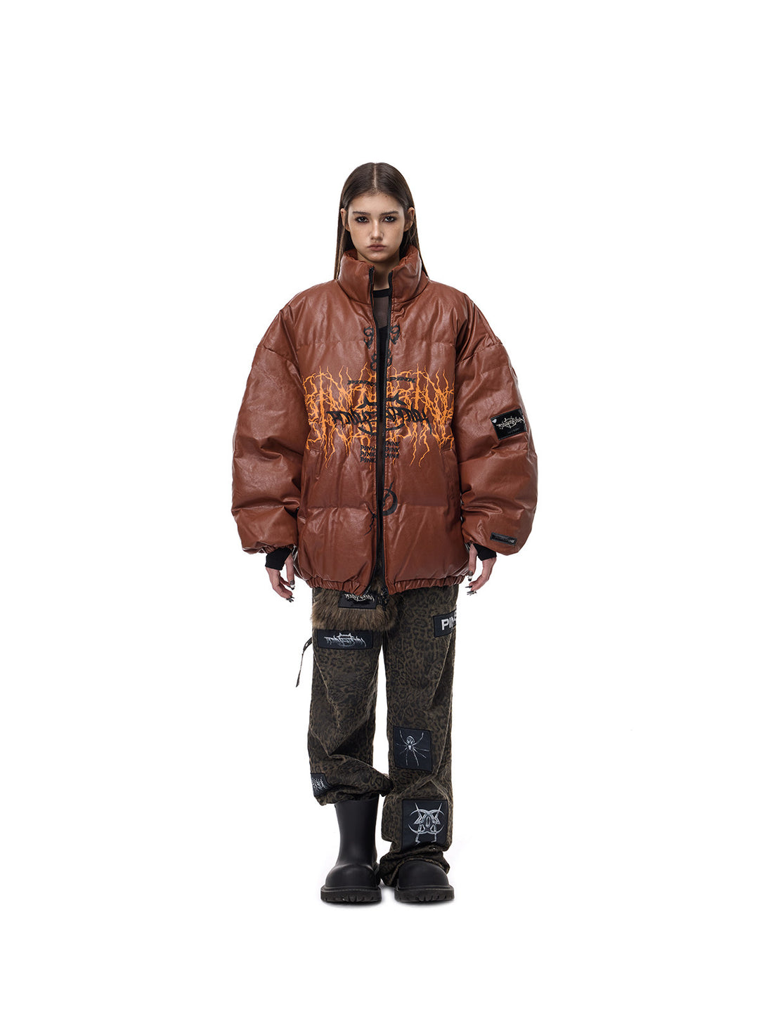 PINKSPINK MOTORBLOC padded faux-leather jacket — caramel brown front full-length view