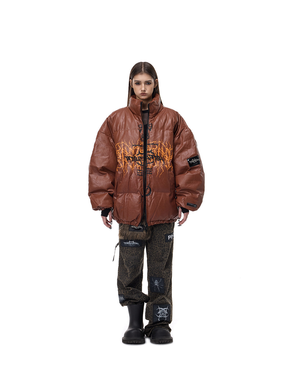 PINKSPINK MOTORBLOC padded faux-leather jacket — caramel brown front full-length view