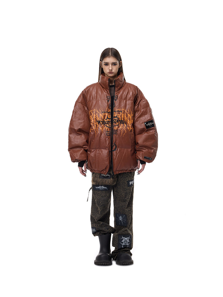 PINKSPINK MOTORBLOC padded faux-leather jacket — caramel brown front full-length view