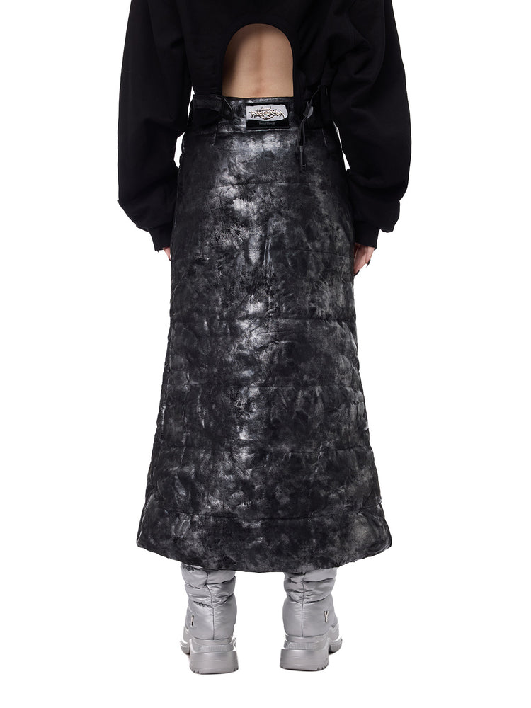 PINKSPINK ELECTRIC MOON metallic double-zip maxi skirt — back modeled detail of waistband and skirt length