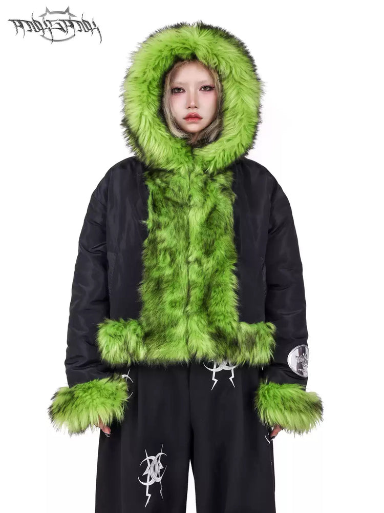 PINKSPINK NEON BEAST reversible faux-fur hooded jacket — alternate gallery view showing the design details