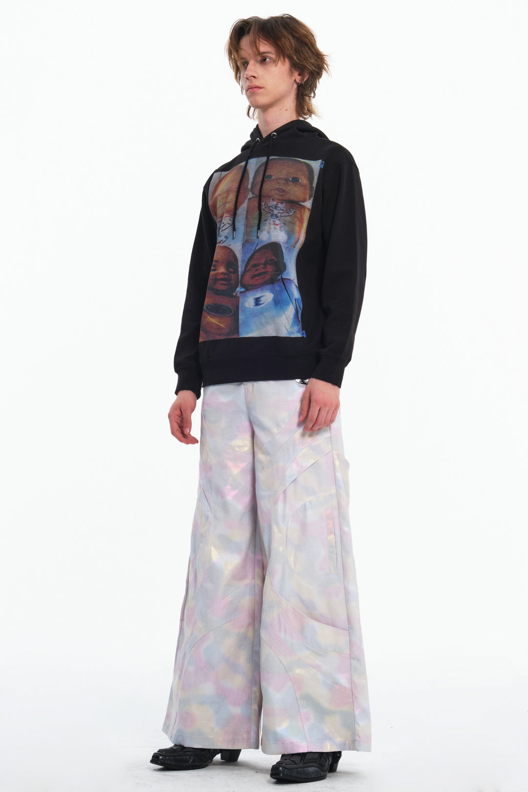 EMBRYO REFLECTIVE CAMO deconstructed wide-leg pants — product-only rear view
