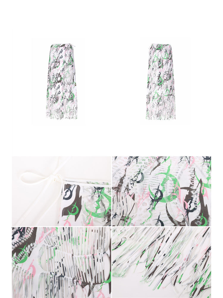 PINKSPINK SHRED SIGNAL printed fringe layering apron — white multicolor — front and back garment views with tie and fringe close-ups