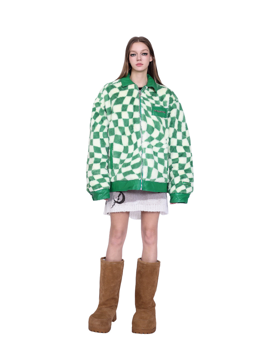 PINKSPINK WARPED checkerboard padded faux-fur jacket — green checkerboard jacket — straight front view with arms relaxed