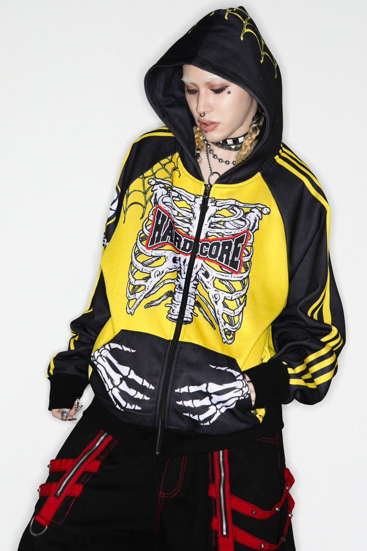 DeadEndKids Hardcore Generation skeleton zip-up hoodie — modeled front, hood up