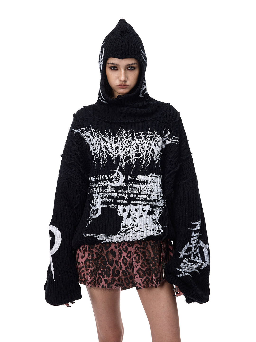 PINKSPINK THORN SIGNAL hooded graphic knit sweater — front modeled view showing voluminous sleeves