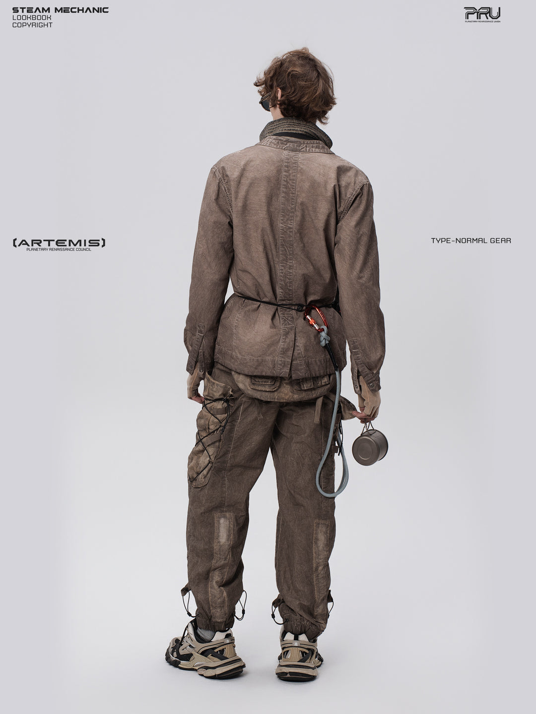 GAIA ochre brown open-collar technical robe — full-length straight back view