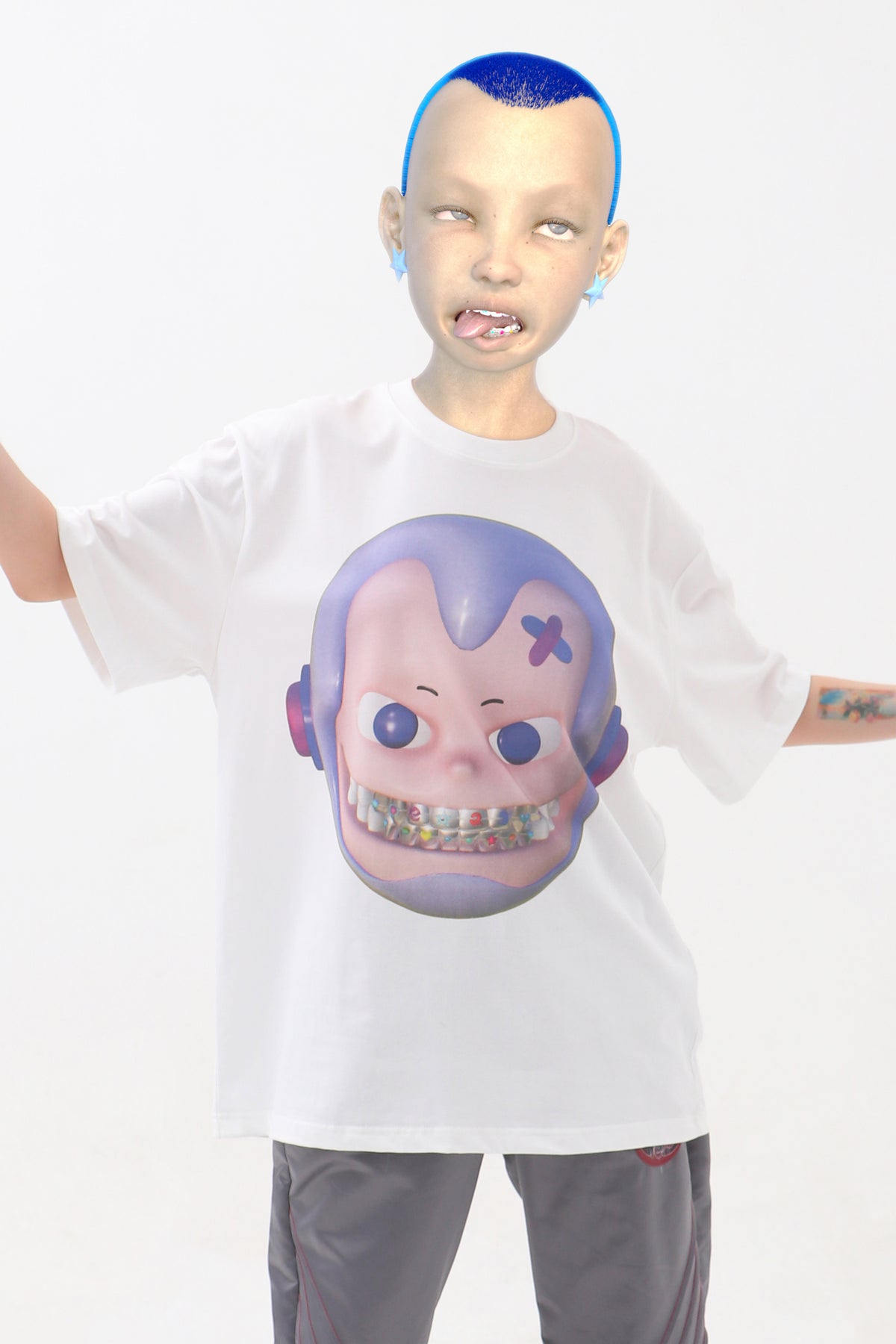 EMBRYO E23 LITTLE ONE oversized white graphic tee in white — front modeled view with arms raised