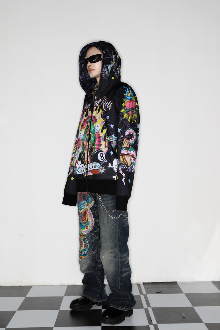 DEADENDKIDS WEST COAST oversized fleece hoodie — full-length modeled view