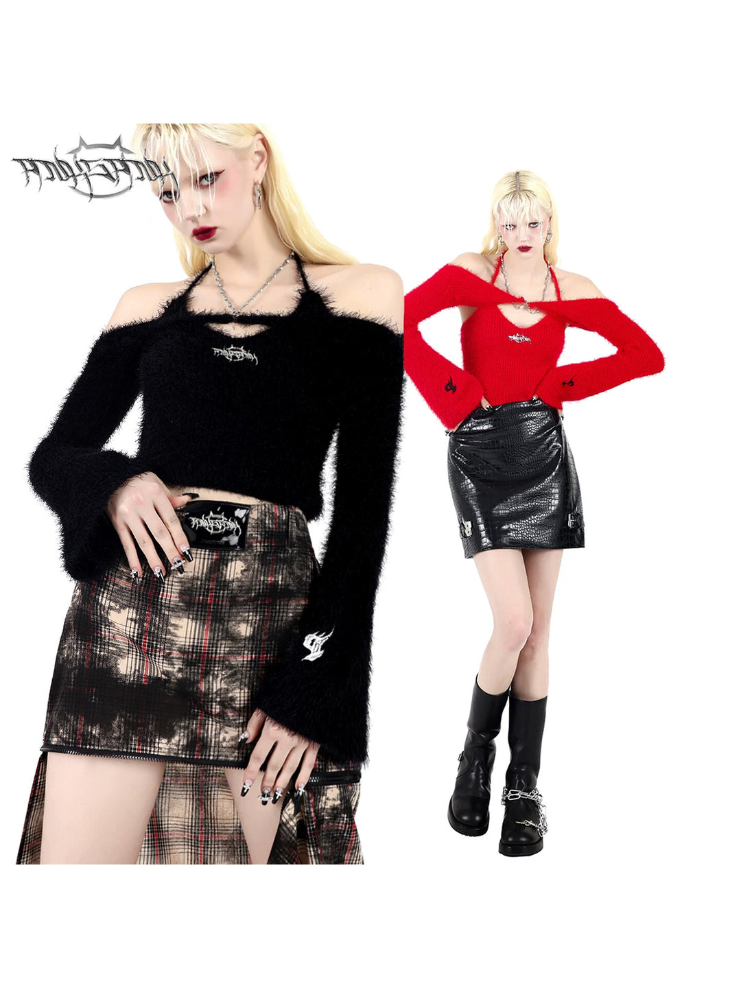PINKSPINK CHAIN SIGNAL two-piece knit crop top — cleaned hero collage showing the complete design