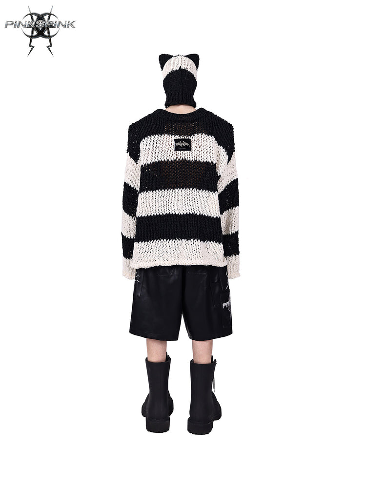 PINKSPINK MIRROR striped open-knit padded-shoulder sweater in black white stripes — rear full-length modeled view with the matching balaclava