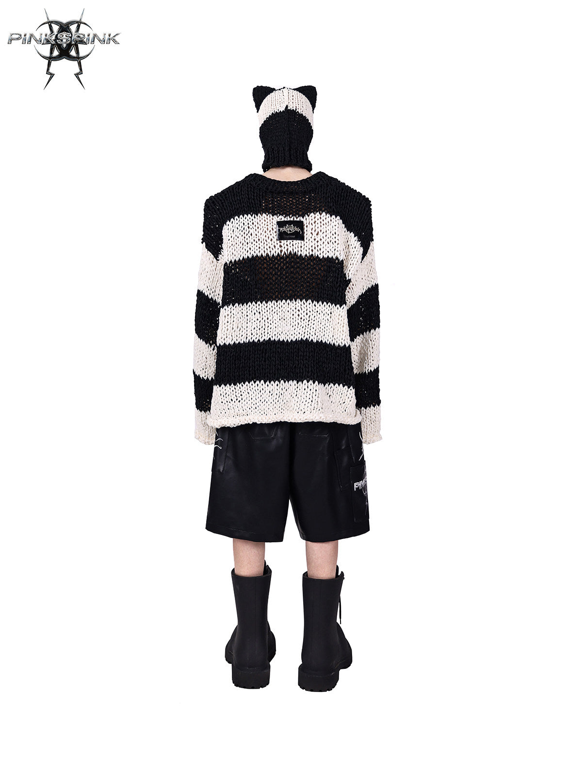 PINKSPINK MIRROR striped cat-ear knit balaclava in black white stripes — rear full-length modeled view with the matching sweater