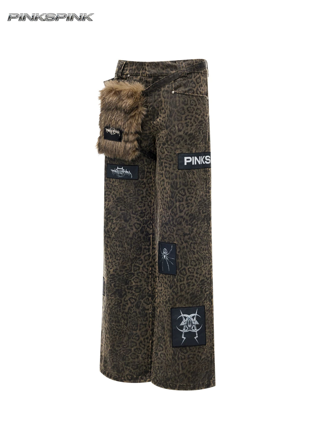 PINKSPINK LEOPARD RIOT detachable-pouch wide-leg pants — front garment-only view with detachable pouch