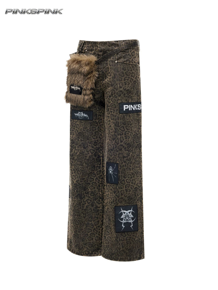PINKSPINK LEOPARD RIOT detachable-pouch wide-leg pants — front garment-only view with detachable pouch