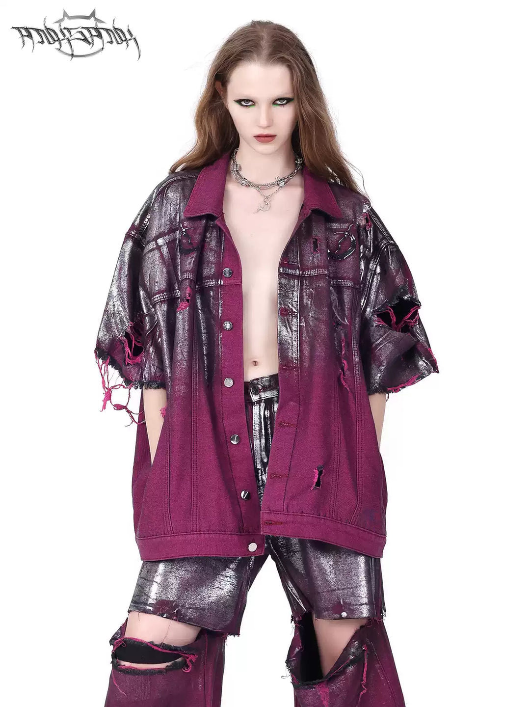 PINKSPINK silver-coated distressed denim jacket in WASTELAND PINK — close front view showing the open button placket and metallic shoulder panels.
