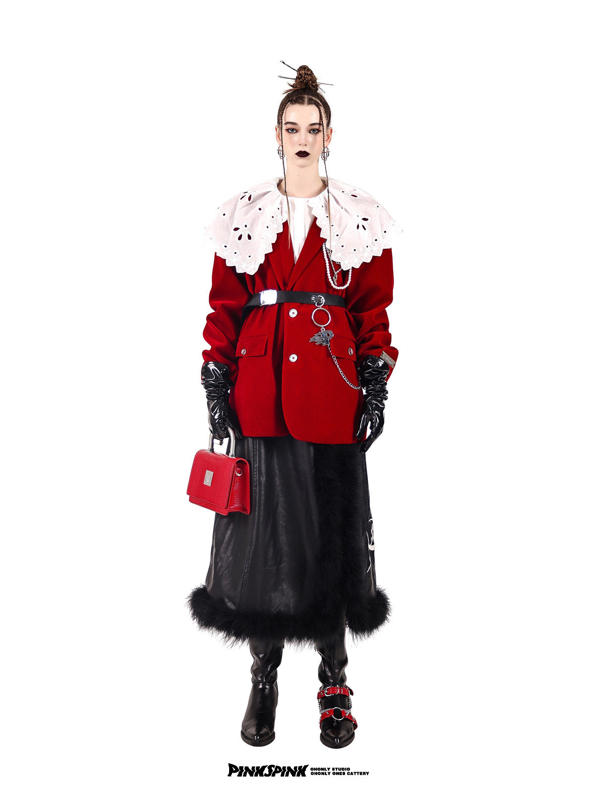 PINKSPINK DEAN pearl-chain velvet blazer — burgundy full-length front view styled with a lace collar and long skirt