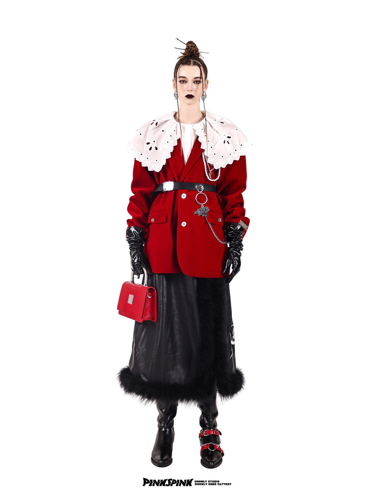 PINKSPINK DEAN pearl-chain velvet blazer — burgundy full-length front view styled with a lace collar and long skirt