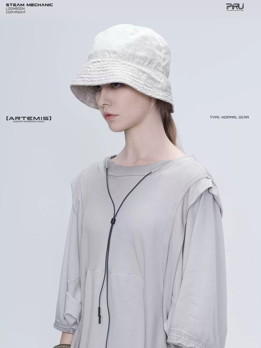 PIONEER eris white distressed nylon bucket hat — left-facing close-up showing the weathered nylon texture