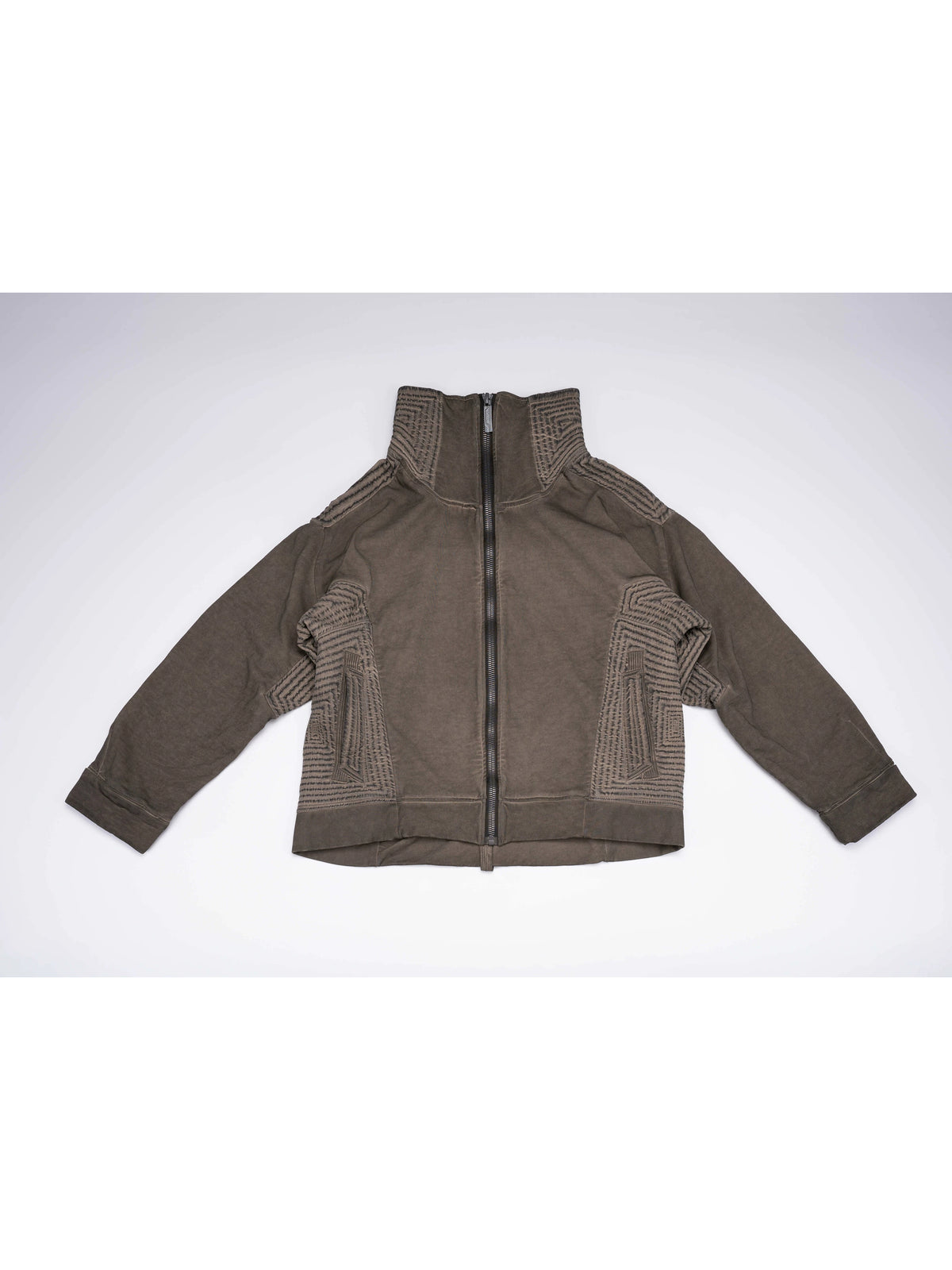 PIONEER mercury brown distressed protection zip jacket — front flat-lay view showing the washed brown fabric and geometric pleated panels
