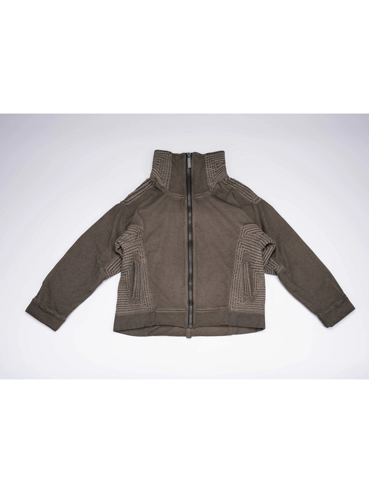 PIONEER mercury brown distressed protection zip jacket — front flat-lay view showing the washed brown fabric and geometric pleated panels