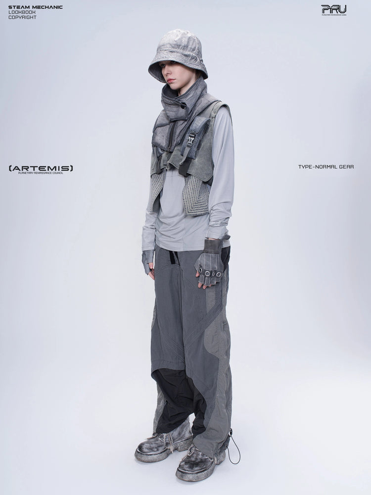 SUPERNOVA alloy gray metallic nylon technical pants — full-length three-quarter modeled view