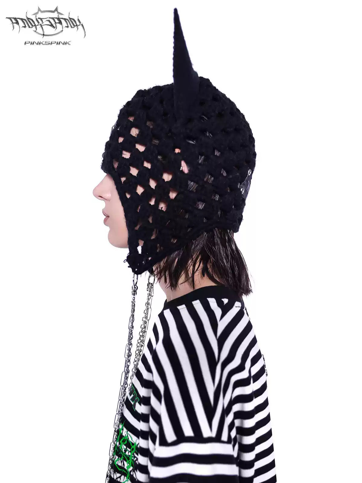 PINKSPINK ELECTRIC MOON chain cat-ear open-knit beanie — modeled front styling view