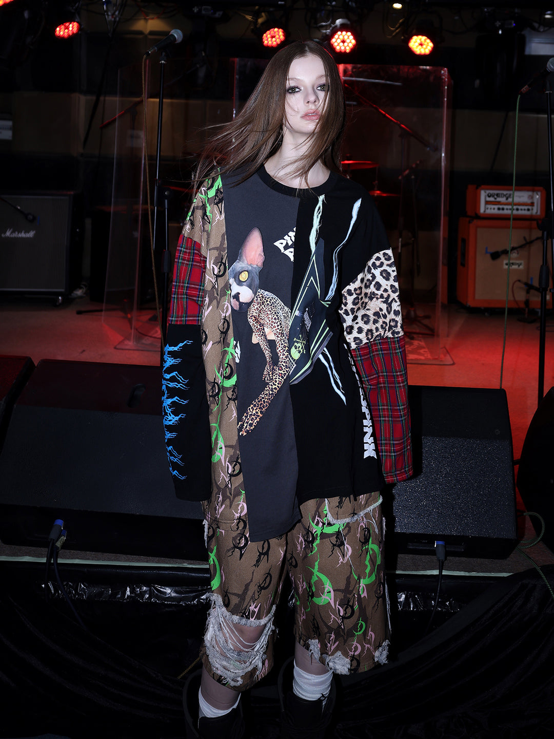 PINKSPINK ELECTRIC MOON distressed camo cropped trousers in CAMOUFLAGE — close front with patchwork top.