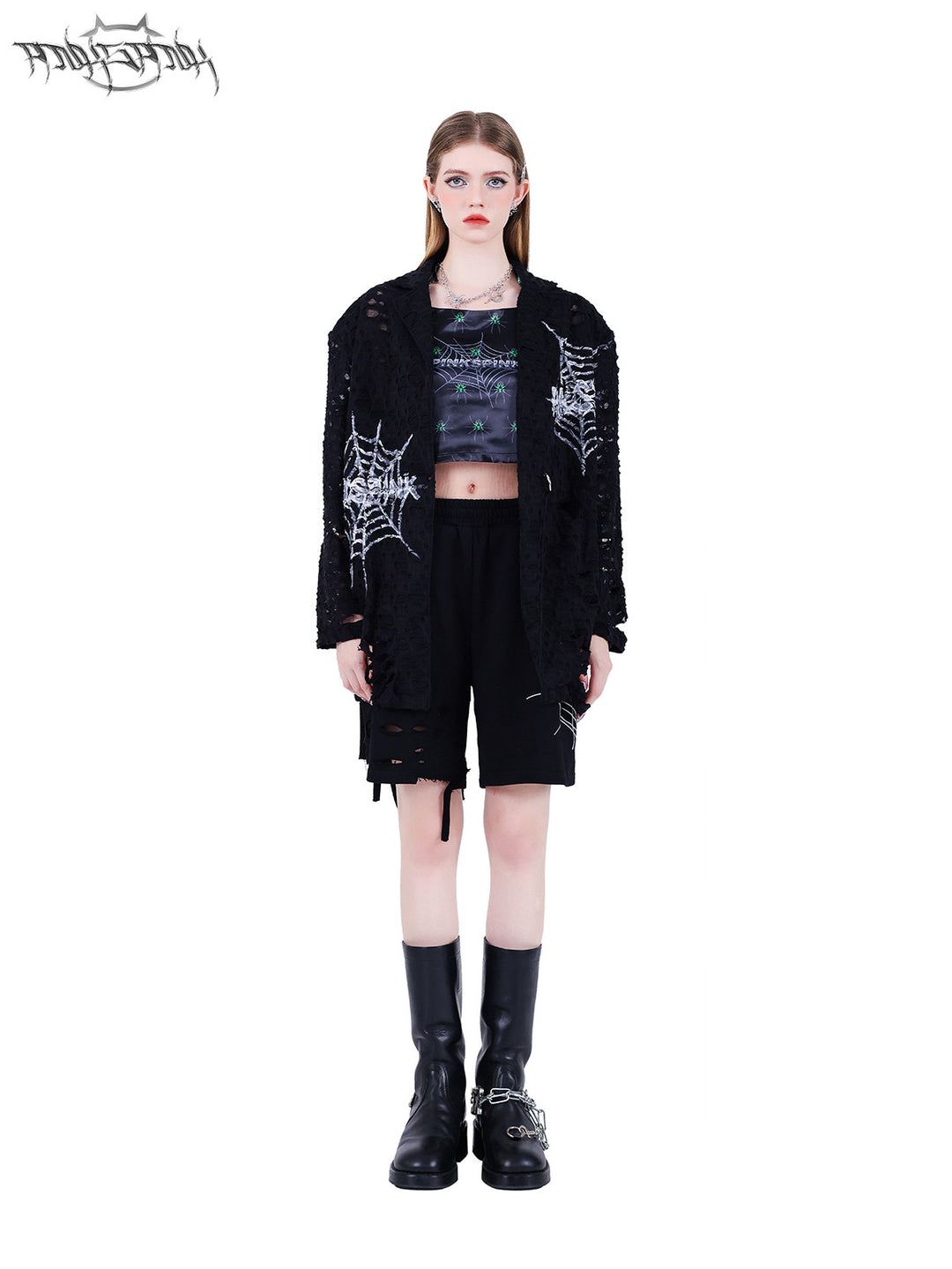 PINKSPINK SPIDER web-mesh halter crop top — full-length modeled view with an open jacket and arms at sides